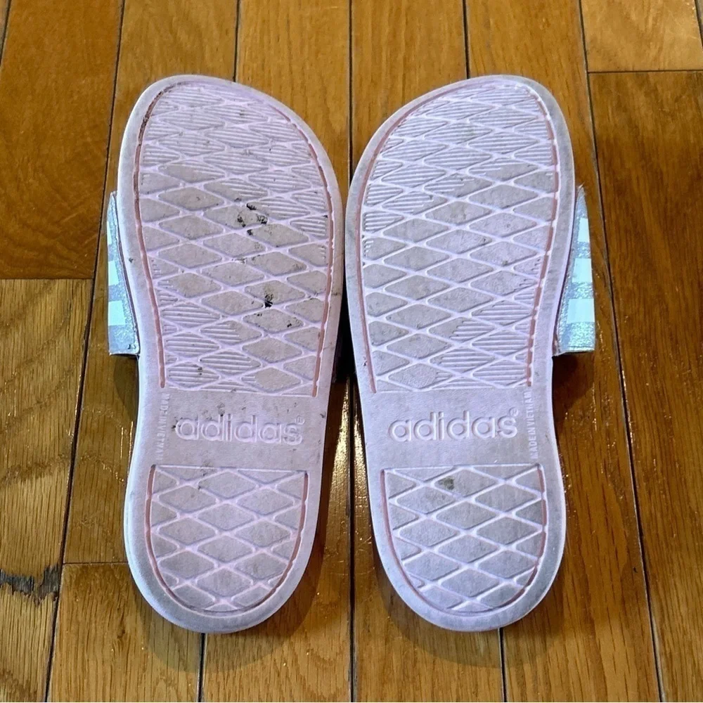 Adidas Slides Sandals Pink Glitter & White Stripe Girls Size 2 Summer Flip Flops